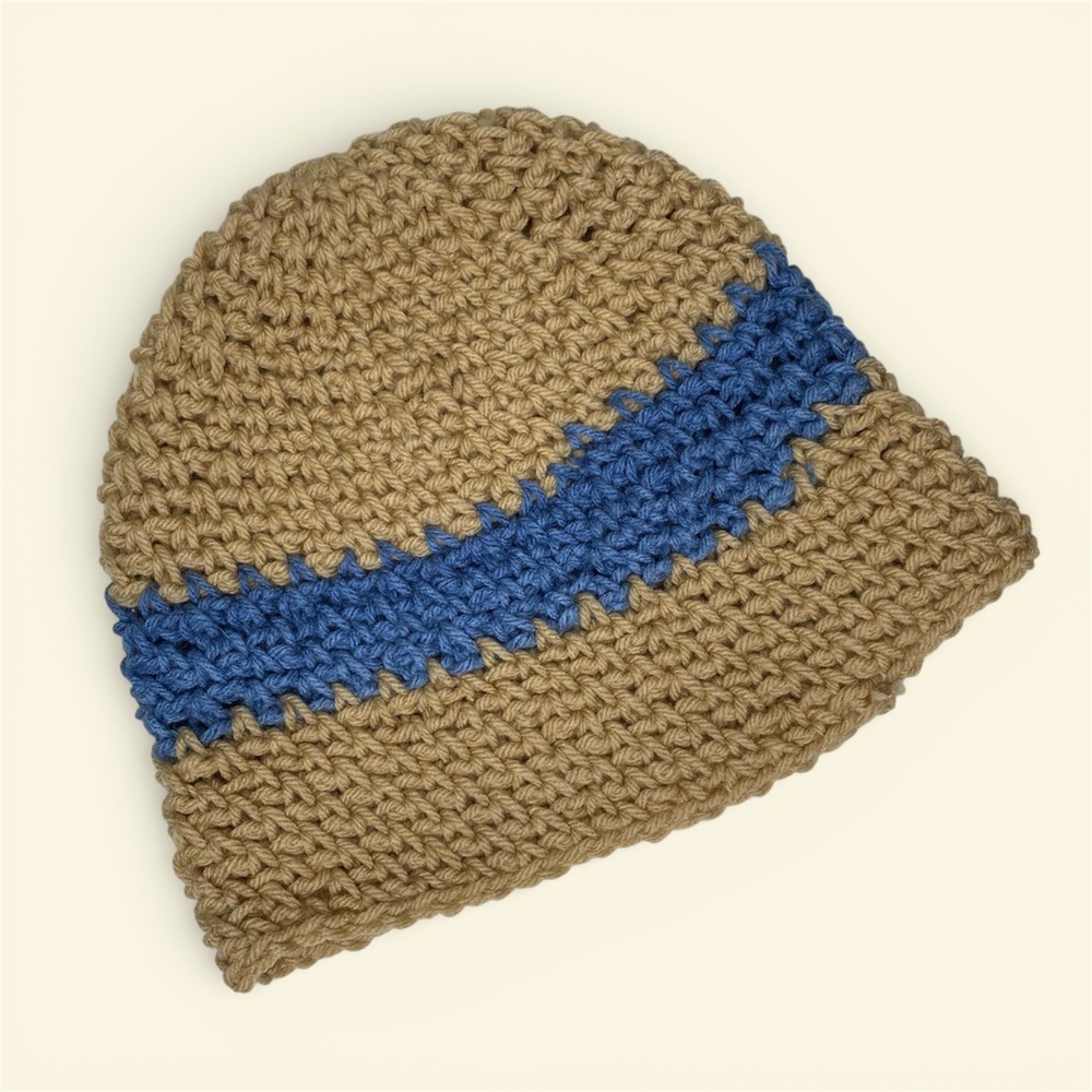 Handmade Crochet Beanie Hat Tan Blue Stripe Adult Women Winter Warm Cottagecore‎